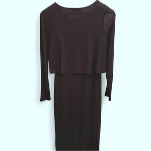 🟢NWOT Ribbed Stretch Knit Overlay Split Hem Midi Dress